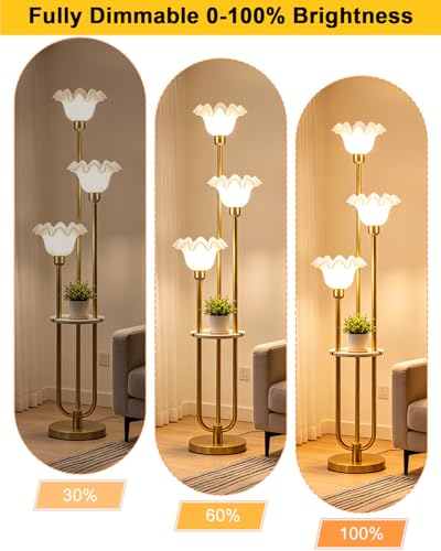 Image of Lightdot Flower Floor Lamp for Living Room Dimmable Vintage Floor Lamp with Shelf& Bulbs Included Mid Century Gold Floral Standing Tall Lamp with 5Lbs Heavy Base for Bedroom /Sofa Beside /Corner Decor