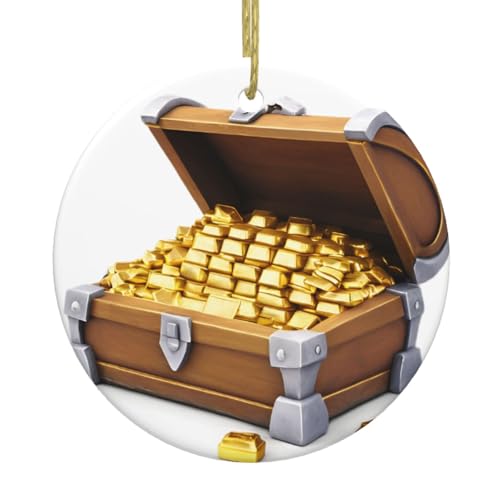 Colgante redondo de cerámica de Navidad, cofre del tesoro lleno de monedas doradas, decoración colgante de árbol festivo
