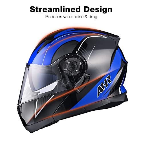 Ahr Motorcycle Helmet Dual Visor Modular Flip Up Full Face Helmet Dot Approved - Ahr Helmet Run-M3 For Adult Motorbike Street Bike Moped Racing (Black Blue, L) #TOP5