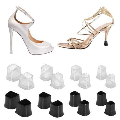 Image of 8 Pairs Heel Cap Protectors for High Heel Shoes, 4 Sizes (XX, XS, S, M)- High Heel Protectors, Anti-Slip Noise Reducing Heel Stoppers, Heel Replacement Tips for Stiletto and Pumps Tips, Black & Clear