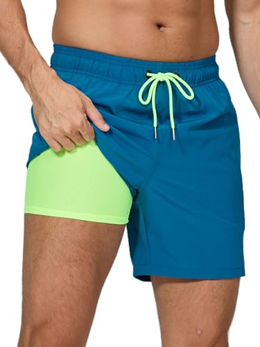 Arcweg Men's Swim Trunks Mens Swimming Shorts with Compression Liner Quick Dry Stretchy 2 in 1 Board Shorts with Zipper Pockets 3XL(UK Peacock Blue