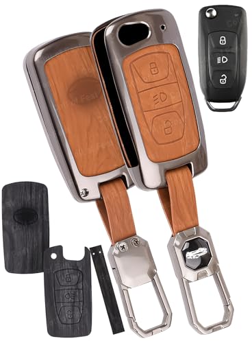 Image of Car Key Cover Compatible with Tata Nexon|Altroz|Tiago|Punch|Harrier|Safari|Tigor 3-Button Flip Smart Key (Dual Leather Metal (Black & Brown))