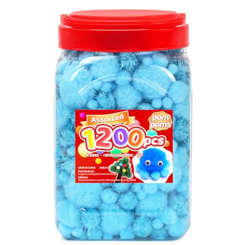 Image of IOOLEEM Light Blue Pom Poms - Assorted Size, 1200pcs with Wiggle Eyes, Glitter Options, Perfect for Arts & Crafts