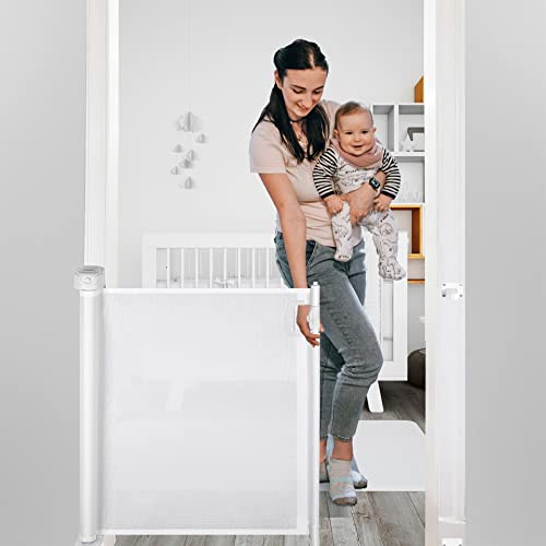 Image of Papablic Retractable Baby Gate, Auto Lock Safety Gate for Baby and Pet, 34" Tall, Extends to 71" Wide, Extra Wide Dog Gate for Indoor Outdoor Stairs Doorways Hallways