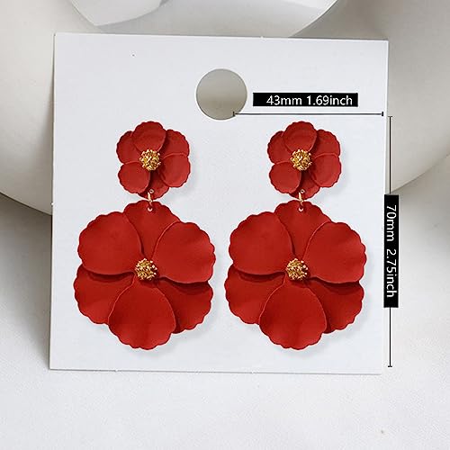 Unique Bohemian Metal Poppy Flower Dangle Earring Matte Painted Dual Flower Floral Petal Tiered Drop for Women Statement Jewelry Gifts2