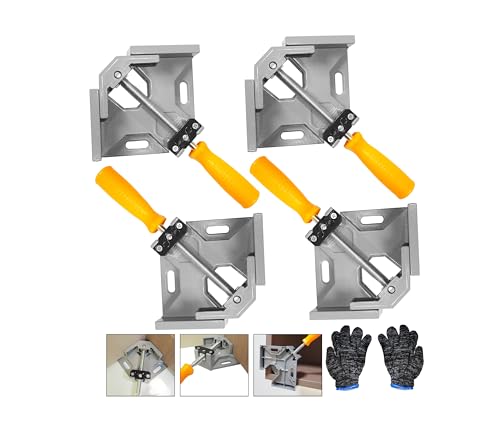 FengZeYing 4pcs 90 Degree Right Angle Clamp, with a Pair of Non-Slip Gloves,Corner Clamps,Single Handle Aluminium Alloy Clamp, Photo Framing Tools, Woodworking Clamps for DIY Woodworking Welding