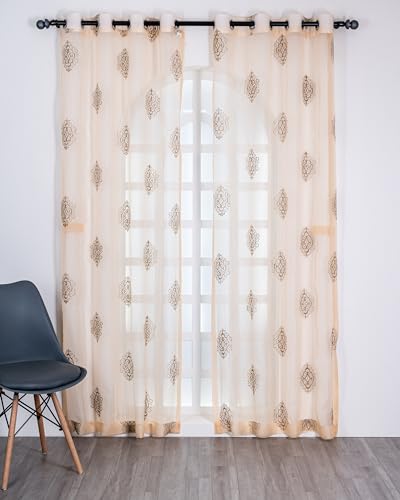 Image of (7 ft Sheer Tissue with Embroidery Damas Design|Grommet Curtains Window Long Curtain|Tissue Fabric Window Single Curtain (Golden&Light Brown) for Home|(Pack of 1) 213 LX121 W cm