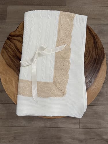 Luxury Spanish Baby Knit Blanket for Boys and Girls with Intricate Lace Trim – Timeless Keepsake. 41'' x 41'' (White)3