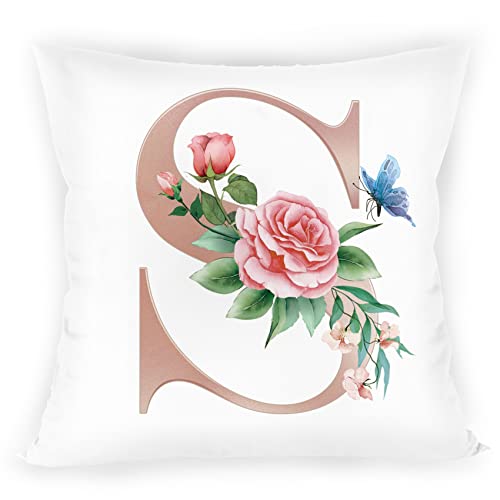 Coshaysoo Alphabet Initial Letter S Floral Throw Pillow Cover 18X18 Inch, Decorative Monogrammed Rose Butterfly Flower Pillowcase For Bed Sofa Couch, Aesthetic Feminine Girls Velvet Cushion Case (S) #TOP25