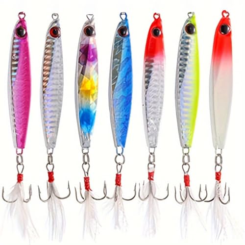 Ensemble d'appâts 7 pièces appât métallique Sequins cuillère avec appât Dur pour l'eau de mer lac appât Outil pour la pêche à la Truite d'eau Douce salée et Perche Saumon (30, Grammes)