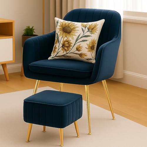 Image of Velvet Accent Chair with Matching Pouffe & Floral Cushion | Upholstered Lounge Armchair with Gold Metal Legs for Living Room, Bedroom, Office & Guest Room (Blue)