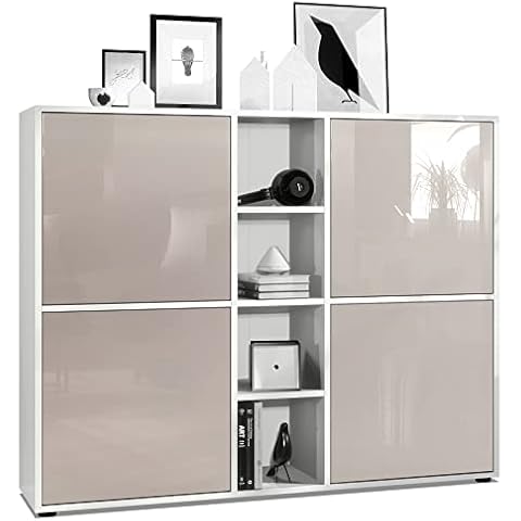 Vladon Highboard Schrank Anrichte Cuba V3 mit 12 Fächern, Korpus in Weiß matt/Fronten in Sandgrau Hochglanz Cover