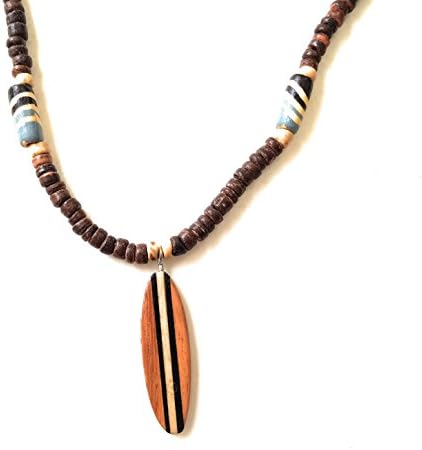 Surfboard Pendant Necklace with Dyed Coco Beads, 18 Inches
