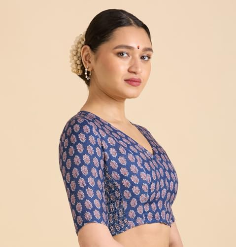 Image of Studio Shringaar Women's Blue Cotton Printed Side Stretch (Smocked) Readymade Saree Blouse