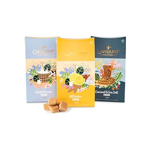 Copperpot ® | Cornish Fudge Geschenkbox | Butter Fudge, Gesalzenes Karamell & Clotted Cream | Glutenfrei & Vegetarisch | Hergestellt in Cornwall | Packung 3 Einheiten x 150 g Cover