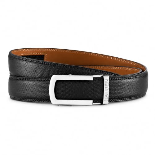 Image of HALDEN THEO Belt For Men Leather Original (Adjustable Fits Up to 44 Inch Waist) Ratchet Straps, Unique Magnetic Auto-lock Buckle Adjustable Belt For Men