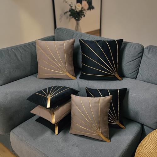 Image of Home Velvet Cushion Cover with Golden Stripes, Aqua Pack of 5, 16x16 to 26x26 Inch (Mouse /Black, 26x26in)