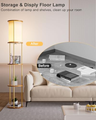 Image of Lightdot 61 inch Floor Lamp with Shelves, Modern Gold Floor Lamp with Fabric Shade and 3- Tier Solid Wood Table Attached, Corner Bookshelf Lamps with 3000K Bulb Included for Sofa Beside /Corner Decor