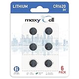 MaxyCell CR1620 Lithium Coin Cell Battery 3V High-Capacity Long-Lasting Reliable Power for Watches, Key Fobs, Toys, Calculators, Medical Devices, Thermometers, Leak-Proof DL1620 ECR1620 (6 Pack)