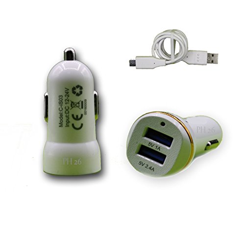 PH26 Chargeur Voiture Allume-Cigare Ultra Rapide Car Charger 2X USB 2100mA + 1000mA (+câble Offert) Blanc pour Acer Liquid Z630 by