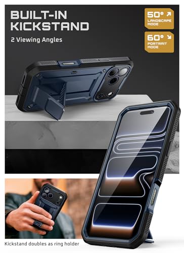 Image of SUPCASE for iPhone 17 Pro Case with Camera Control Button (Unicorn Beetle Pro), [Built-in Kickstand & Screen Protector] [Military-Grade Protection] Full Body Heavy Duty Phone Case, Azure