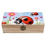 JTKLQBN Caja de almacenamiento grande de madera con tapa y cierre frontal de dibujos animados de mariquita y flores, organizador de escritorio para oficina, caja de recuerdos, cajas de recuerdos