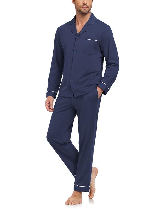 COLORFULLEAF Men's 100% Cotton Pajamas Sets Pajamas for Men Long Sleeve Sleepwear Set with Pockets and Button Down S-XL