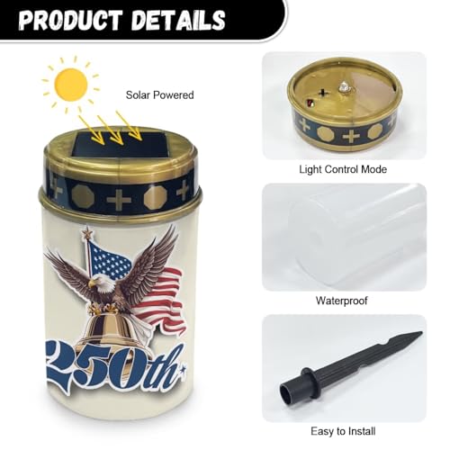 Image of Poceacles Eagle American Flag 250th Print Solar Candle Cemetery Solar Lights for Grave LED Garden Flameless Powered Pathway Lights for Independence Day USA 250th Anniversary Decor
