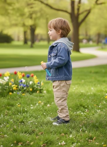 Image of Volunboy Toddler Hooded Denim Jackets Boys Spring Fall Ripped Jean Coat with Hood Long Sleeve Button Down Casual Outerwear