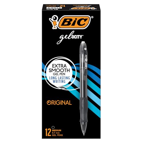 BIC Gelocity Original Black Gel Pens, Medium Point (0.7mm), 12-Count Pack, Retractable Gel Pens With Comfortable Grip