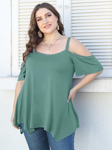 Image of LARACE Cold Shoulder Tops for Womens Summer Clothes Spaghetti Strape Tunic Oversized Shirts Asymmetrical Plus Size Blouse