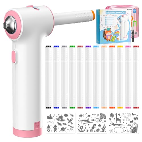 YAOBLUESEA Airbrush Marker Set, mit 12 Abwaschbare Doppelspitzen Textilmarker, Farben sprühen für Kinder, Malen Graffiti Kunstmalerei DIY-Handwerk, Pink