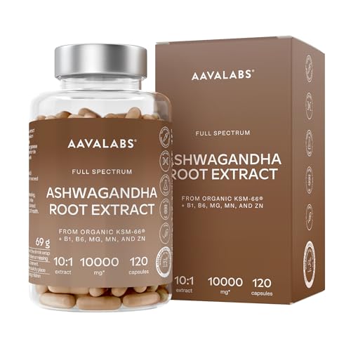 Ashwagandha KSM-66 1000mg (Proporción de Extracto 10:1 Equivalente a 10,000mg por Porción) - 5% de Withanólidos - Ashwagandha Organica con Magnesio, Manganeso, Zinc y Vitamina B6, B1-120 Capsulas