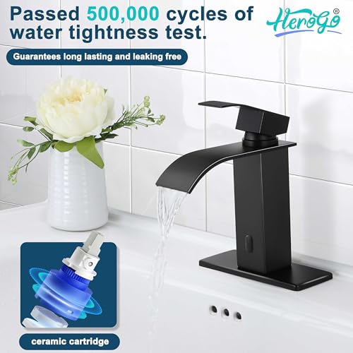 Image of Touchless Bathroom Sink Faucet, Herogo Automatic Sensor Matte Black Waterfall Stainless Steel Bathroom Faucet with Brass Pop Up Drain for Vanity RV Lavatory Farmhouse