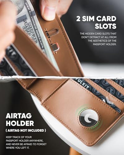 Image of VULKIT Passport Wallet Compatible with Airtag Holder RFID Blocking Bifold Travel Card Holder, Beige Brown, 6.9x4.3x0.9 inches, Minimalist