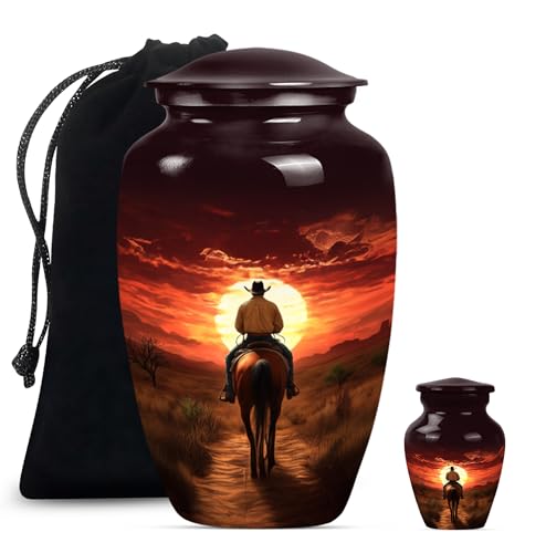 Image of Cowboy Urn - Urn for Ashes Adult Male - Large Unique Cremation Urns for Human Ashes - Companion Urns for 2 Adults - Memorial Ash Containers for Men and Women - 10 inch & 3 inch Pack of 2
