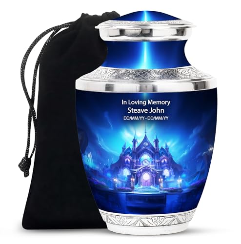 Image of Temple Burial Urns for Adult Human Ashes - Large Personalized Female Urns - Memorial Cremation Urn for Ashes Dad - Customized Funeral Urn for Ashes for Women - 10 Inch Large with Velvet Bag