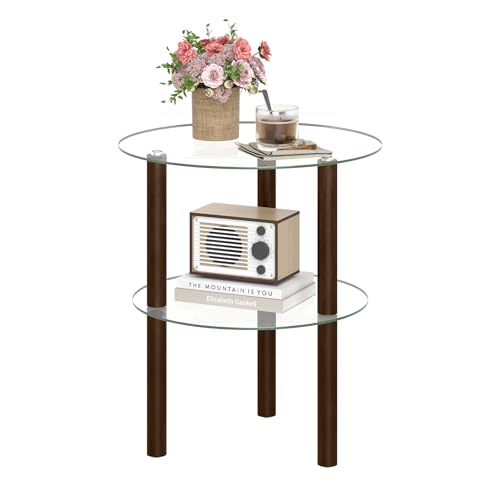 Image of GIANTEX Round End Table, 2-Tier Sofa Side Table with Clear Tempered Glass Top & Shelf, Small Accent Table with Solid Rubber Wood Legs for Living Room Bedroom Home Office (Brown & Clear)
