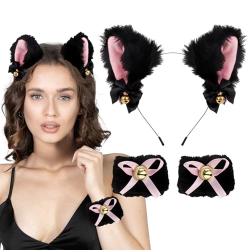 Amariver Diadema y pulseras de orejas de gato para mujer, diademas de orejas de gato negras y rosas, diadema de animales para Halloween, cosplay, juego de accesorios para fiesta temática, diadema
