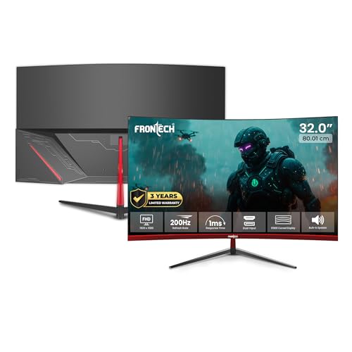 Image of FRONTECH Gaming 32 Inch Curved LED Monitor, Refresh Rate 200Hz, VA Panel, 1800R Curve, Full HD 1080p, Bezel Less Design, HDMI & DP Ports (MON-0076)