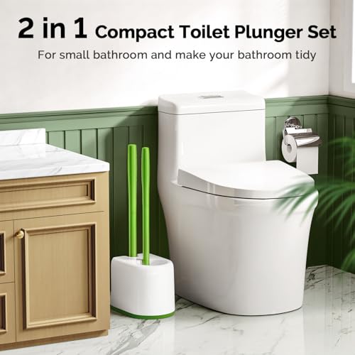 Image of HAMITOR Toilet Plunger Bowl Brush Combo：Heavy Duty Rubber for Drain Clog Remover - Curved Design Bristles for Deep Cleaning Under Rim - Compact Bathroom Cleaning Tools for New Homet Essentials-Green