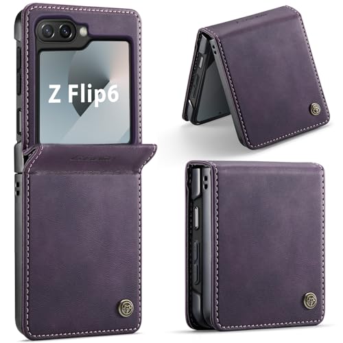 Lonjanfon Handyhülle für Samsung Galaxy Z Flip 6 5G Hülle Premium Lederhülle RFID Schutzhülle Weiches Vintage Flip Case Tasche Magnet Kartenfach Wallet Klapphülle Schutzhülle Lila