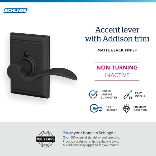 Image of SCHLAGE Accent Lever with Addison Trim Non-Turning Lock in Matte Black - Right Handed - F170 ACC 622 ADD RH