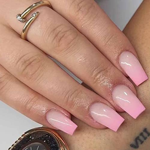 Foccna 24pcs Pink Fake Nails Gradient Coffin Glossy Press on