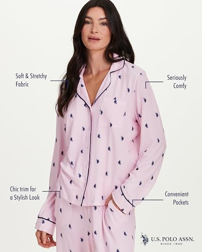 Image of U.S. POLO ASSN. Womens Lightweight Notch Collar Pajama Set | Classic Button Down Pajamas for Women with Long Sleeve Top and Pajama Pants