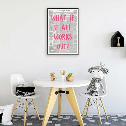 Image of What If It All Works Out Poster Retro Newspaper Pink Font Canvas Wall Art Positive Affirming Quote Minimalist Prints Painting For Home Bedroom Dorm Wall Decor 24x36in Framed