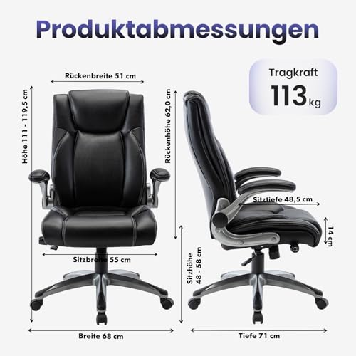 COLAMY Bürostuhl Ergonomisch, Chefsessel mit Hoher Rückenlehne, Ergonomischer 360° Drehstuhl für Büro, Schreibtischstuhl Lederstuhl mit Verstellbarer Neigungsverschluss, Schwarz