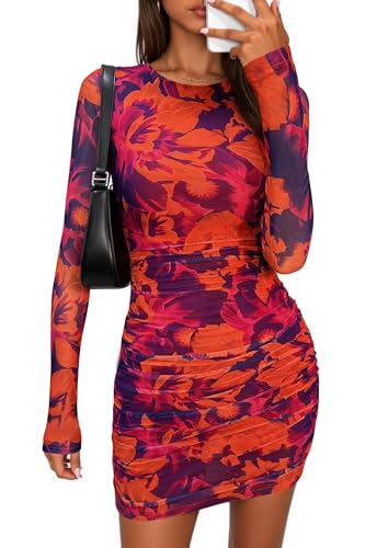 PRETTYGARDEN Mesh Mini Dresses for Women Long Sleeve Purple Orange,M