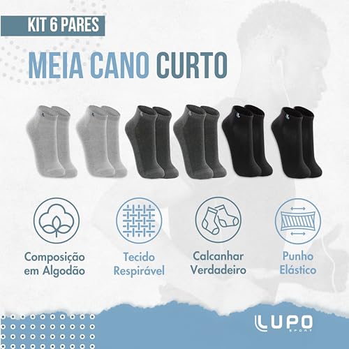LUPO Kit 6 Pares Meia Lupo Sport Cano Curto Algodão Adulto, 2 Cinzas - 2 Chumbos - 2 Pretas, 41-44