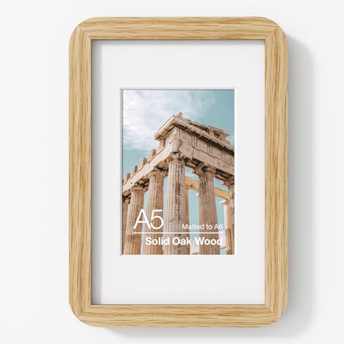 FLYJOE A5 Solid Oak Wood Photo Frame | A5 Picture Frame With Mat For A6 | Plexiglas And Hanging Hardware Included | Natural Oak, 1 Pack
